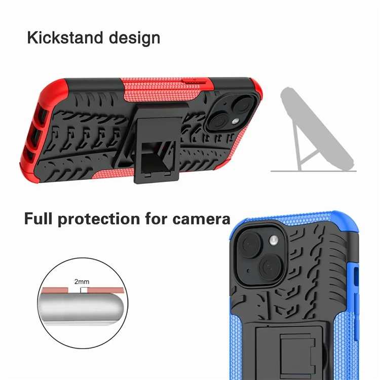 Bulk Purchasing For iPhone 14 Case with Kickstand Tyre Pattern PC + TPU Phone Cover - Blue