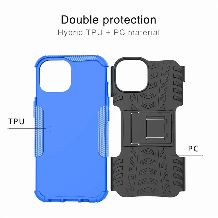 Bulk Purchasing For iPhone 14 Case with Kickstand Tyre Pattern PC + TPU Phone Cover - Blue
