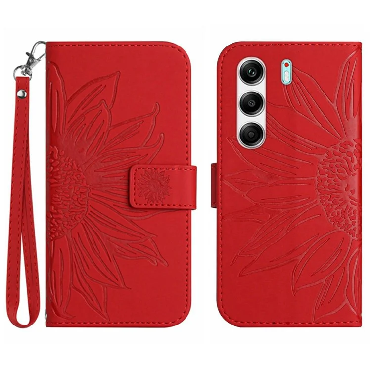 For TECNO Camon 40 Pro 4G Case Sunflower Imprint Leather Wallet Phone Cover with Wrist Strap - Red