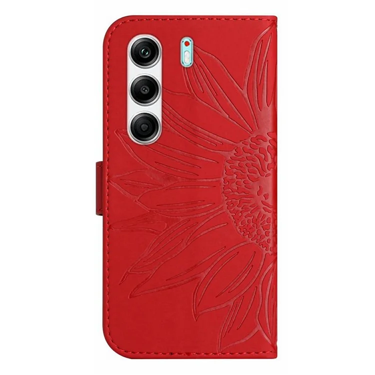 For TECNO Camon 40 Pro 4G Case Sunflower Imprint Leather Wallet Phone Cover with Wrist Strap - Red