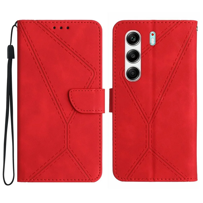 For TECNO Camon 40 Pro 4G Case Skin Touch Lines Imprinted PU Leather Flip Phone Cover - Red