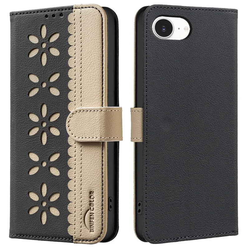 BINFEN COLOR BF36 For iPhone 16e Leather Case Floral Pattern Phone Cover RFID Blocking Wallet Stand - Black