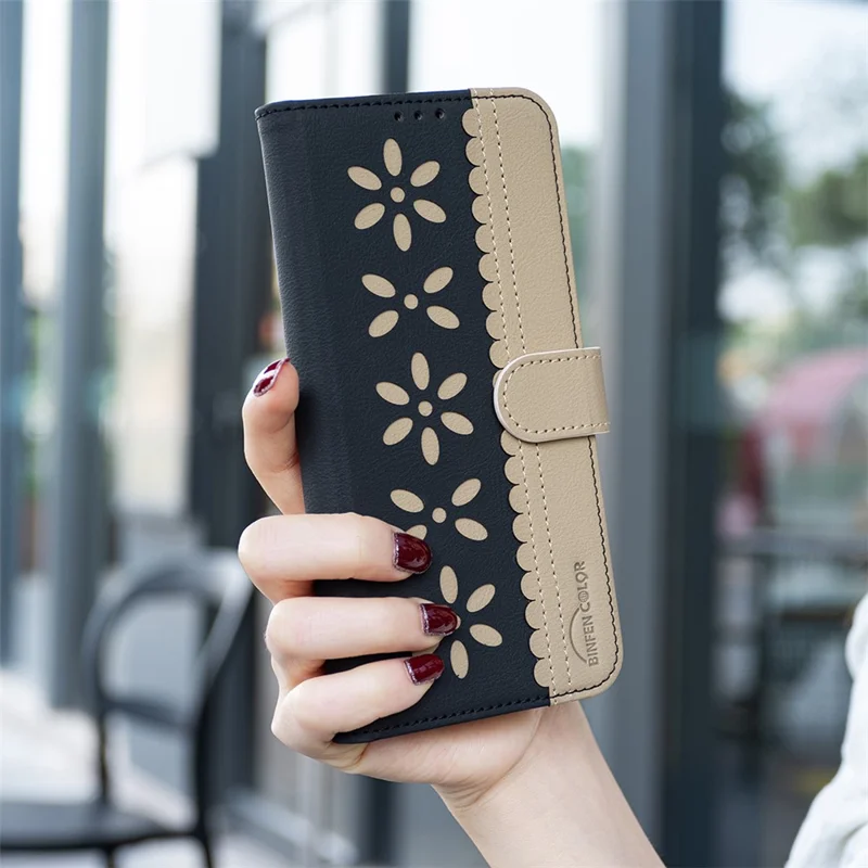 BINFEN COLOR BF36 For iPhone 16e Leather Case Floral Pattern Phone Cover RFID Blocking Wallet Stand - Black