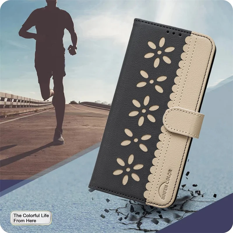 BINFEN COLOR BF36 For iPhone 16e Leather Case Floral Pattern Phone Cover RFID Blocking Wallet Stand - Black