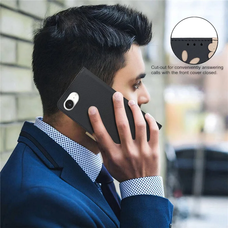 BINFEN COLOR BF36 For iPhone 16e Leather Case Floral Pattern Phone Cover RFID Blocking Wallet Stand - Black