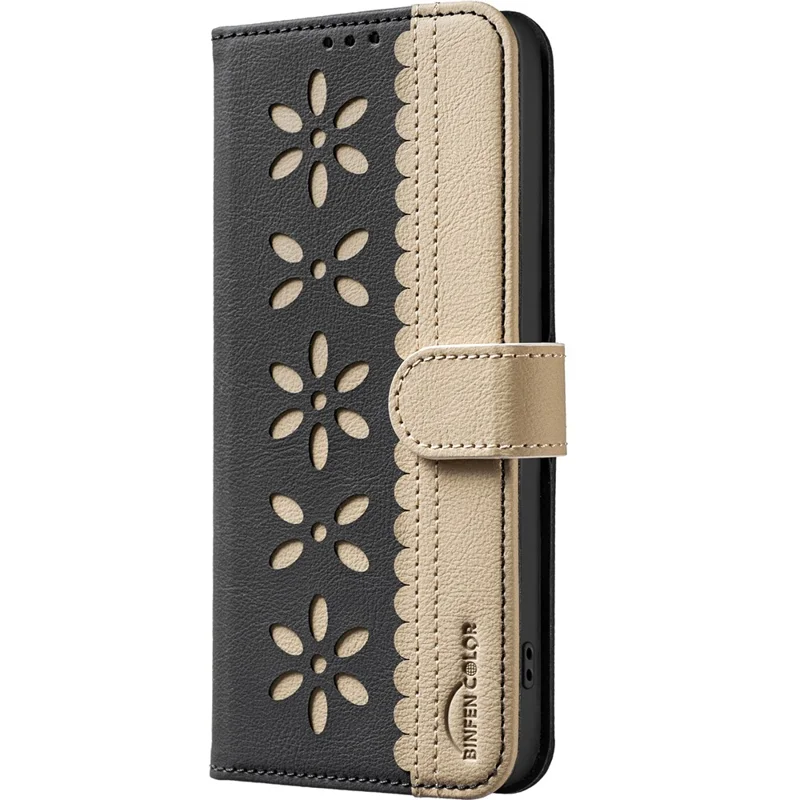BINFEN COLOR BF36 For iPhone 16e Leather Case Floral Pattern Phone Cover RFID Blocking Wallet Stand - Black