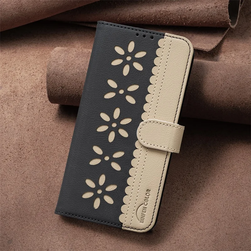 BINFEN COLOR BF36 For iPhone 16e Leather Case Floral Pattern Phone Cover RFID Blocking Wallet Stand - Black