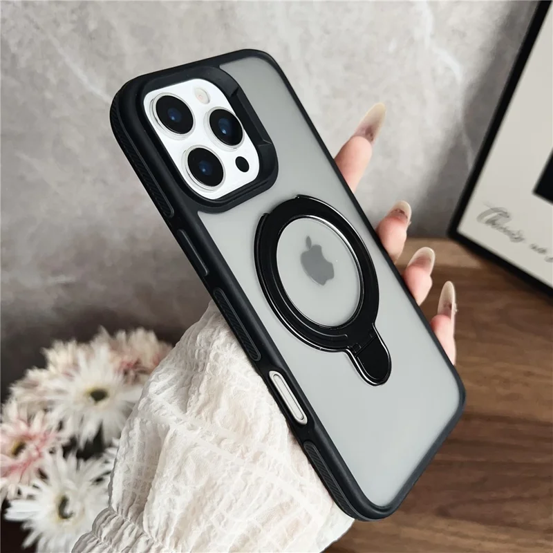 For iPhone 16 Pro Magnetic Case with Kickstand Dual-Color TPU + Acrylic Phone Back Cover - Black