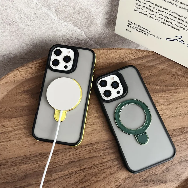 For iPhone 16 Pro Magnetic Case with Kickstand Dual-Color TPU + Acrylic Phone Back Cover - Black