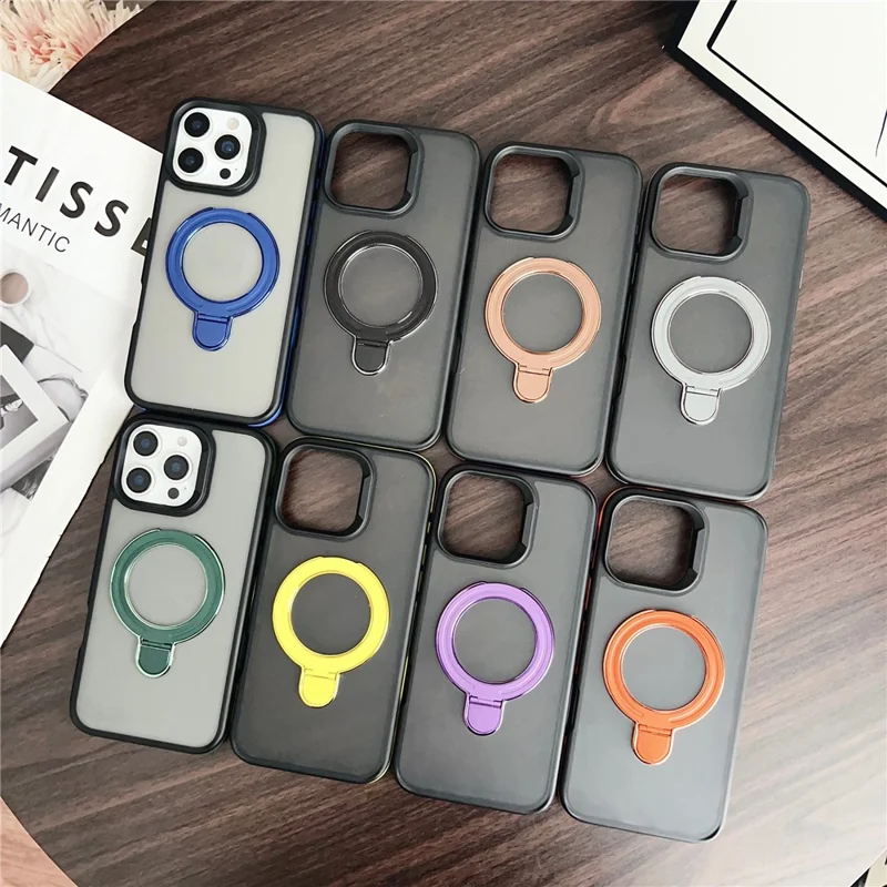 For iPhone 16 Pro Magnetic Case with Kickstand Dual-Color TPU + Acrylic Phone Back Cover - Black