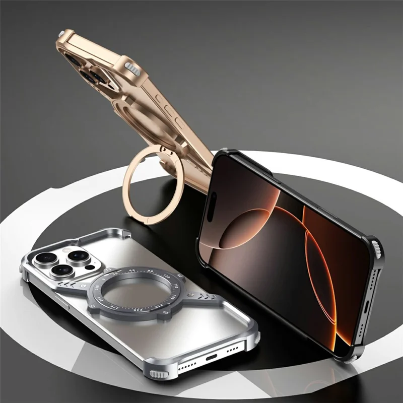 For iPhone 16 Pro Max Magnetic Case with Kickstand Four Corner Airbag Heat Dissipation Metal Phone Cover - Desert Gold
