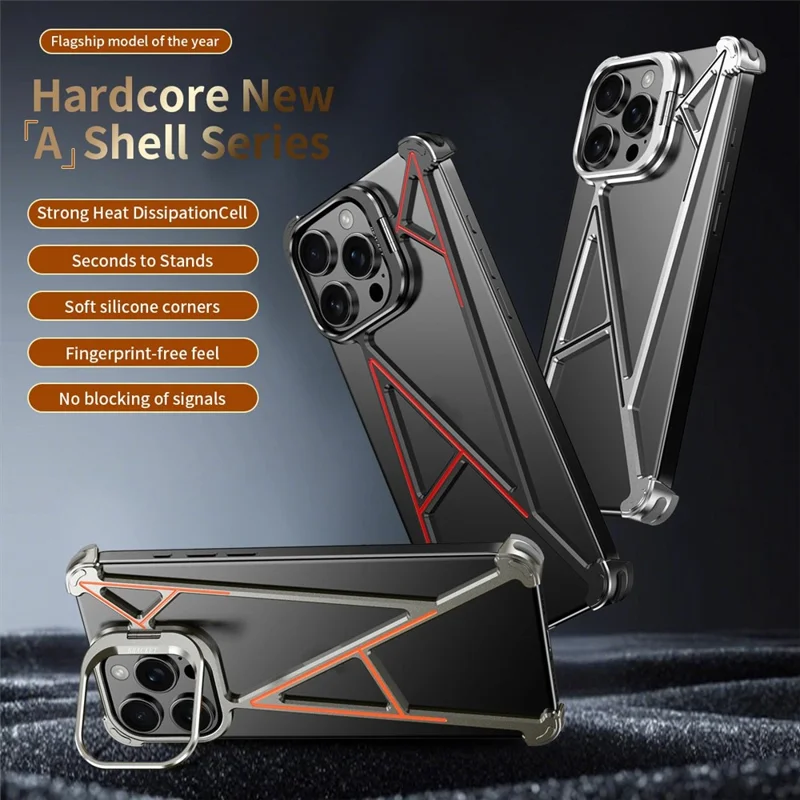 For iPhone 16 Pro Max Bumper Case Four Corner Airbag Kickstand Boardless A-Shape Metal Phone Cover - Black