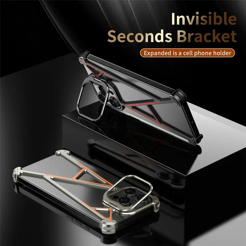 For iPhone 16 Pro Max Bumper Case Four Corner Airbag Kickstand Boardless A-Shape Metal Phone Cover - Black