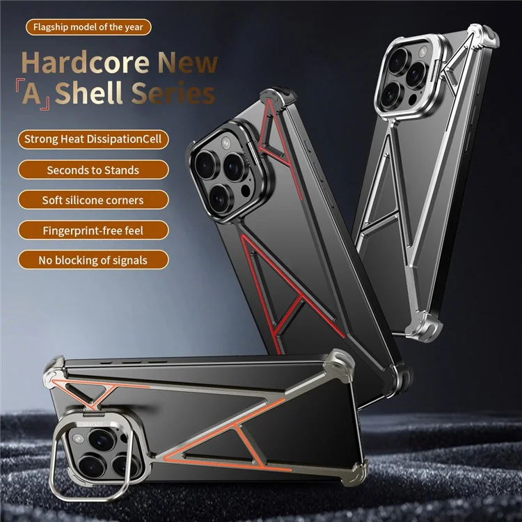 For iPhone 16 Pro Bumper Case Four Corner Airbag Kickstand Boardless A-Shape Metal Phone Cover - Black