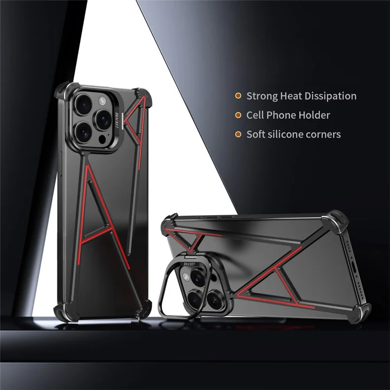 For iPhone 14 Pro Max Bumper Case Four Corner Airbag Kickstand Boardless A-Shape Metal Phone Cover - Black