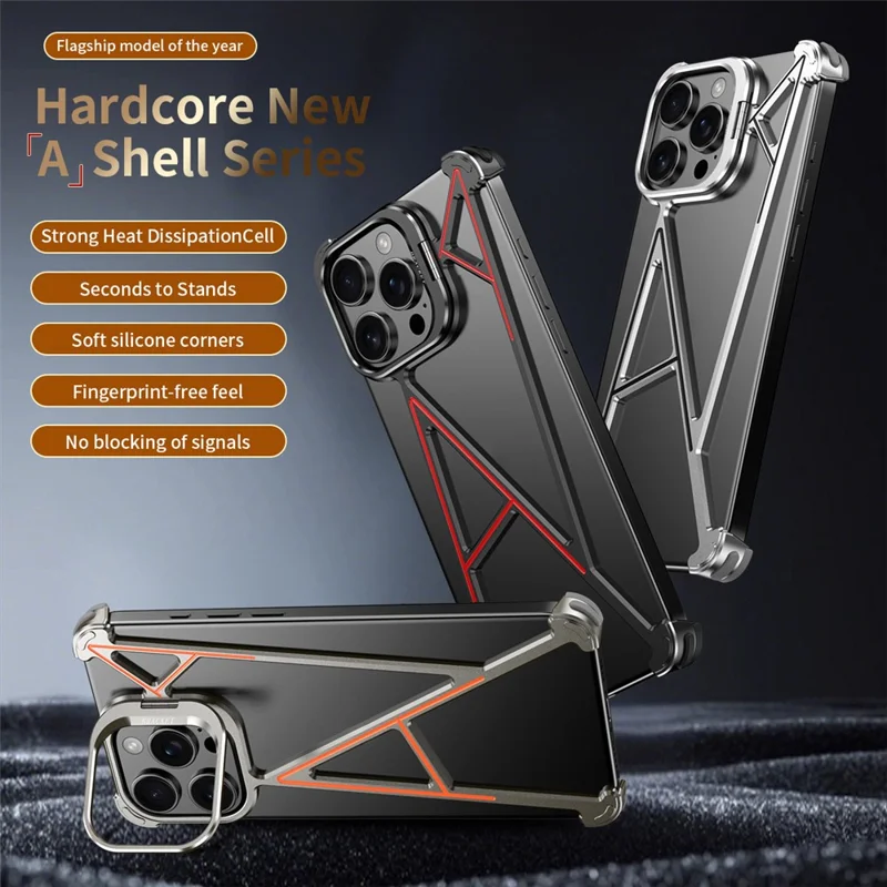 For iPhone 14 Pro Max Bumper Case Four Corner Airbag Kickstand Boardless A-Shape Metal Phone Cover - Black