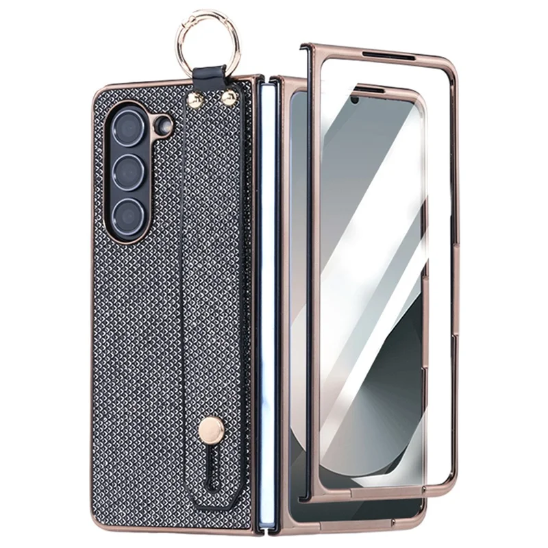 For Samsung Galaxy Z Fold5 5G Case Electroplating Glitter PC Phone Cover with Screen Film Strap Kickstand Ring Holder - Black