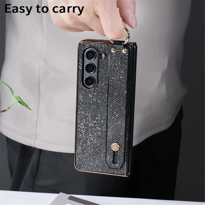 For Samsung Galaxy Z Fold5 5G Case Electroplating Glitter PC Phone Cover with Screen Film Strap Kickstand Ring Holder - Black