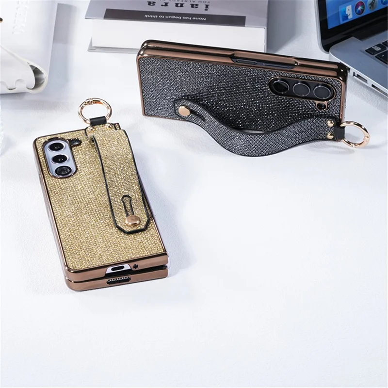 For Samsung Galaxy Z Fold5 5G Case Electroplating Glitter PC Phone Cover with Screen Film Strap Kickstand Ring Holder - Black