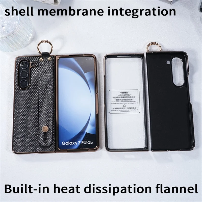 For Samsung Galaxy Z Fold5 5G Case Electroplating Glitter PC Phone Cover with Screen Film Strap Kickstand Ring Holder - Black