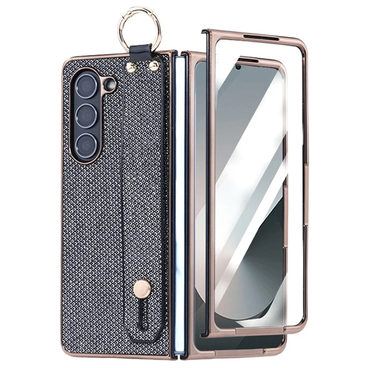 Étui pour Samsung Galaxy Z Fold6 5G Électropoli Paillettes PC Coque de Téléphone avec Film Écran Sangle Support Bague de Maintien - Noir