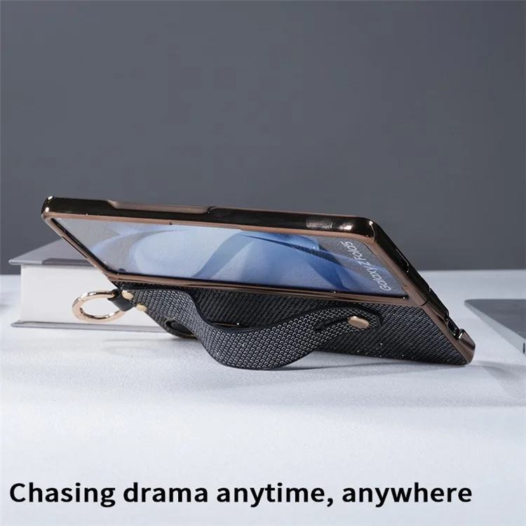 Étui pour Samsung Galaxy Z Fold6 5G Électropoli Paillettes PC Coque de Téléphone avec Film Écran Sangle Support Bague de Maintien - Noir