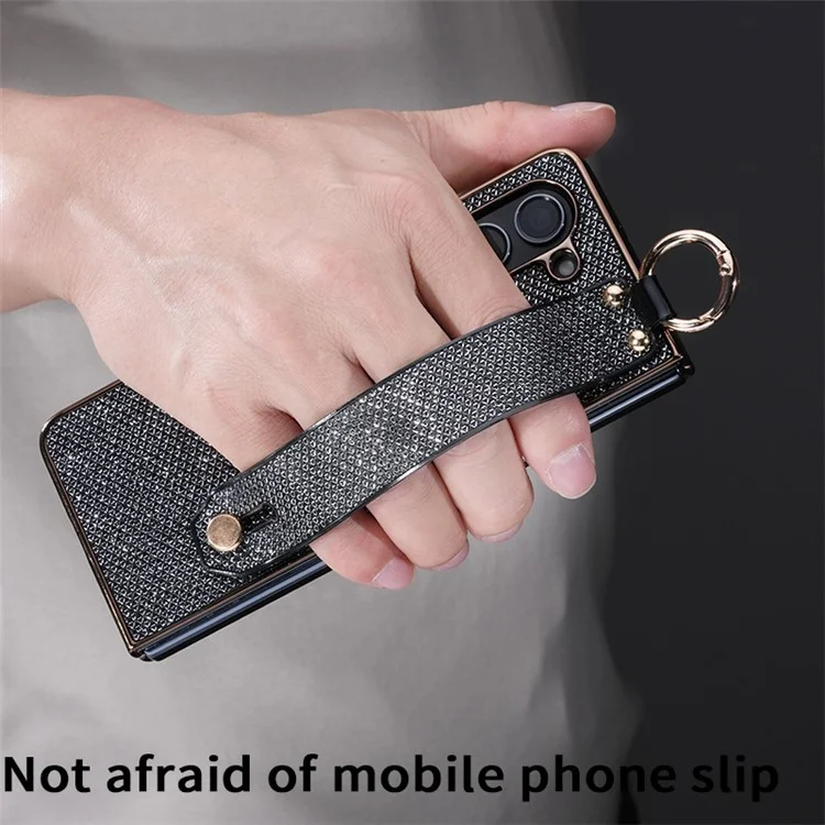 Étui pour Samsung Galaxy Z Fold6 5G Électropoli Paillettes PC Coque de Téléphone avec Film Écran Sangle Support Bague de Maintien - Noir