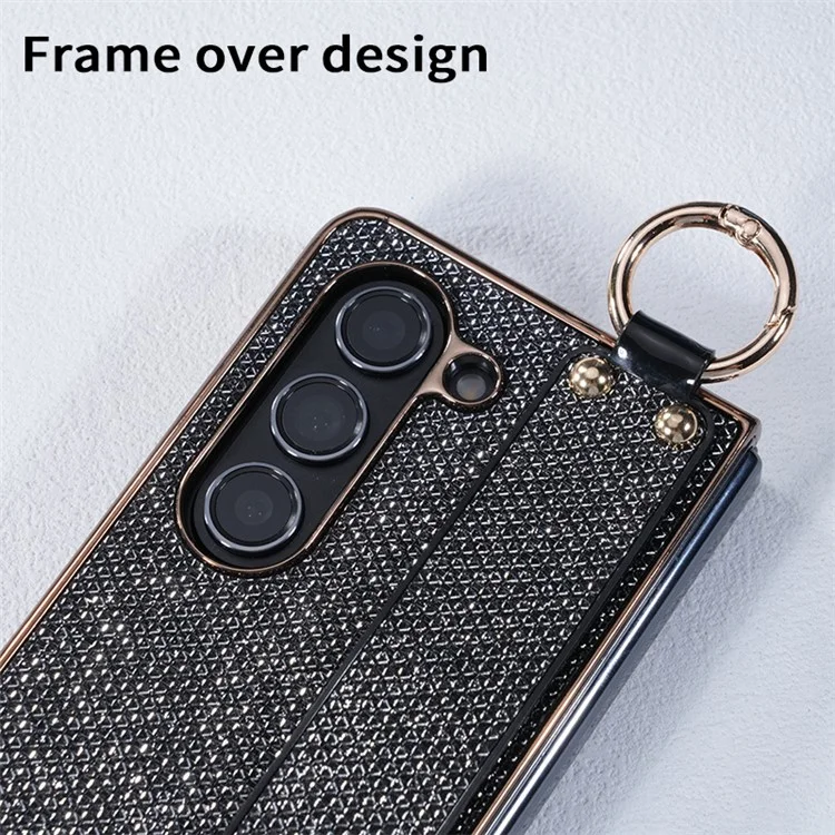 Étui pour Samsung Galaxy Z Fold6 5G Électropoli Paillettes PC Coque de Téléphone avec Film Écran Sangle Support Bague de Maintien - Noir