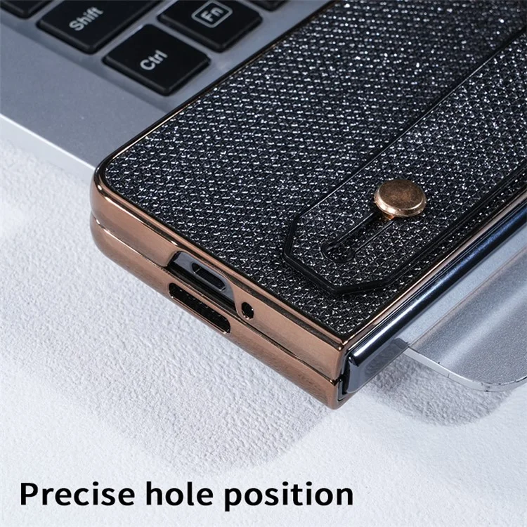 Étui pour Samsung Galaxy Z Fold6 5G Électropoli Paillettes PC Coque de Téléphone avec Film Écran Sangle Support Bague de Maintien - Noir