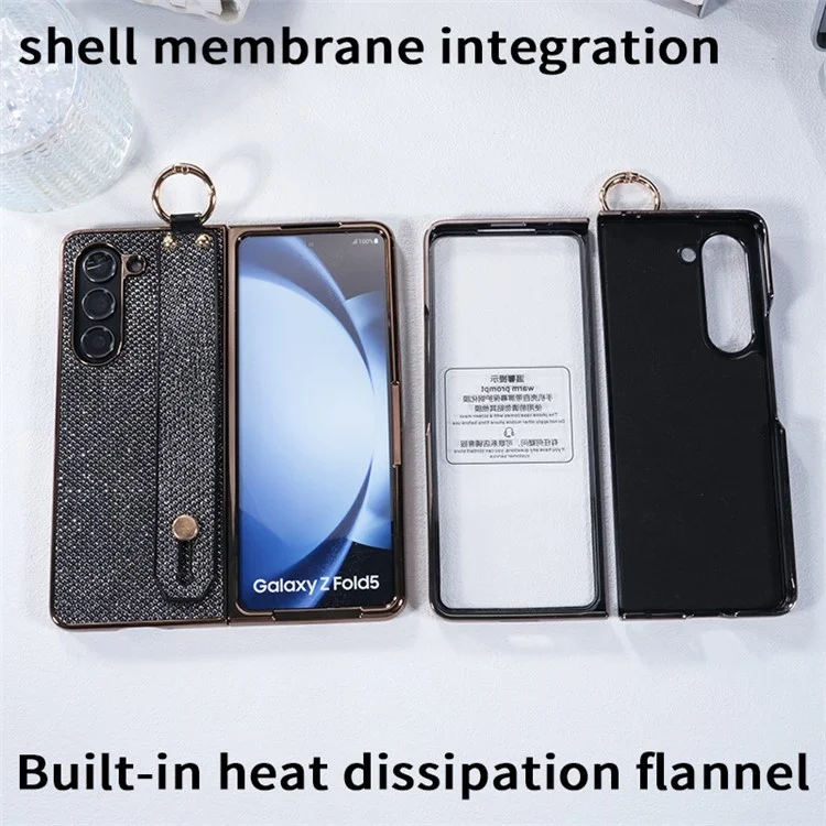 Étui pour Samsung Galaxy Z Fold6 5G Électropoli Paillettes PC Coque de Téléphone avec Film Écran Sangle Support Bague de Maintien - Noir