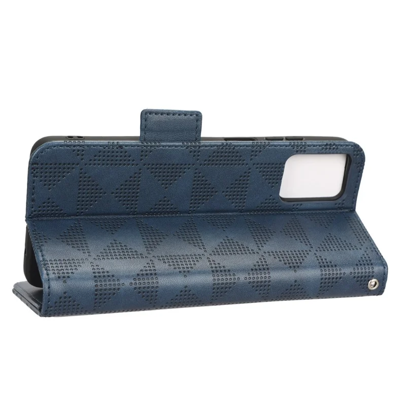 Para Motorola Moto E22i 4G / E22 4G Patrón de Triángulo Impreso Anti-drop Case de Teléfono de Cuero PU Soporte Magnética Magnética Cubierta Con Correa Para la Mano - Azul