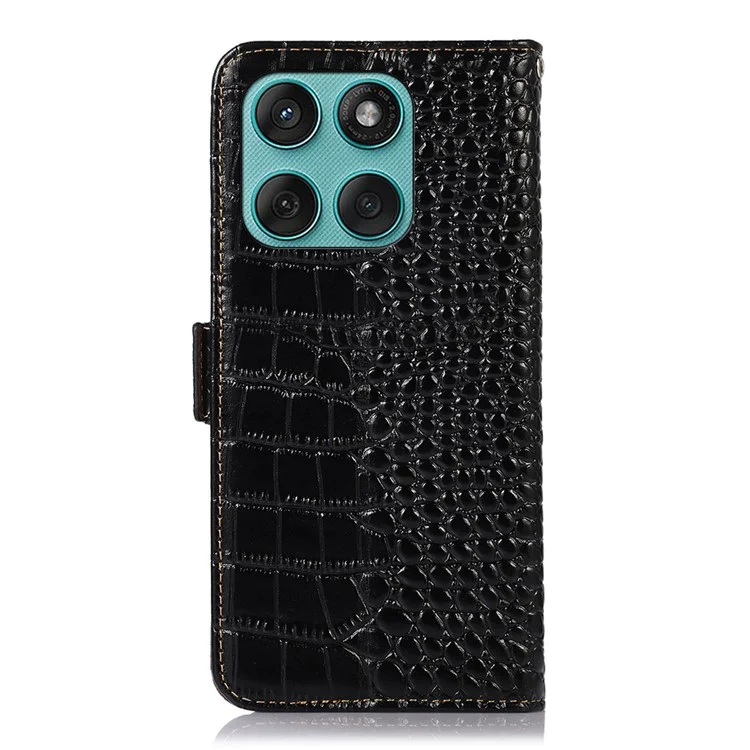 Für Motorola Edge 60 Fusion 5G Hülle Krokodil-Textur Echtes Rindsleder Handy-Brieftasche - Schwarz