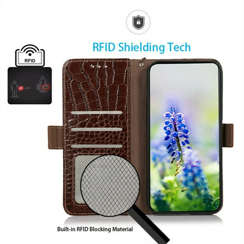 For Xiaomi Redmi Note 14S 4G Case Crocodile Texture Genuine Cow Leather Phone Wallet Cover - Brown
