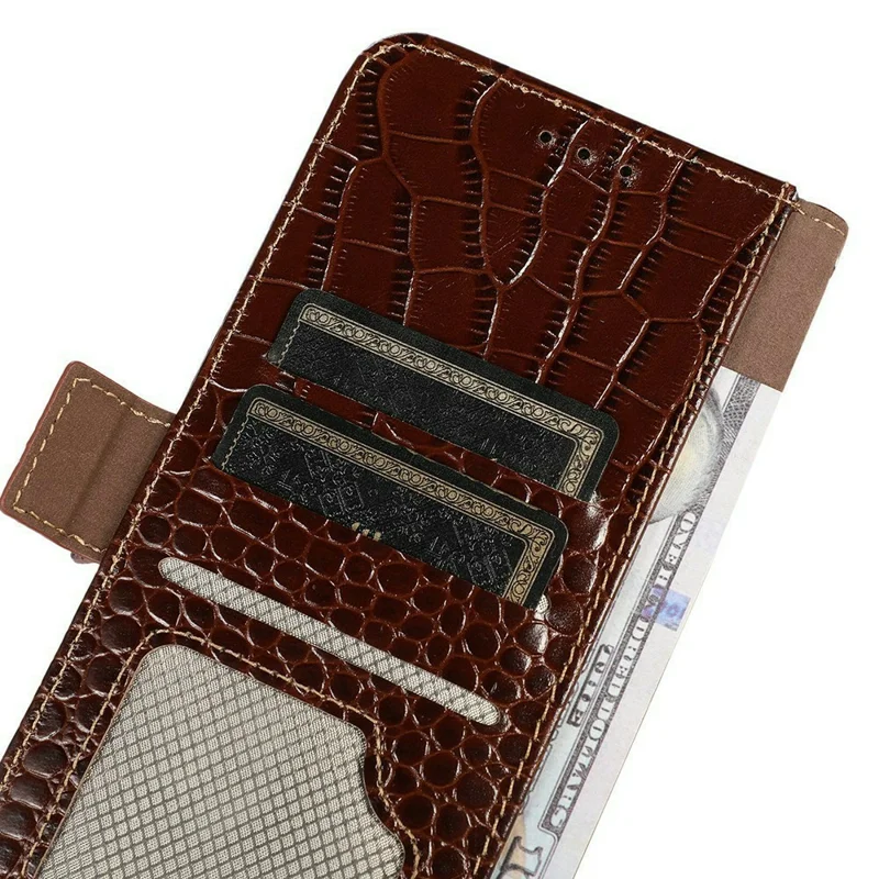 For Xiaomi Redmi Note 14S 4G Case Crocodile Texture Genuine Cow Leather Phone Wallet Cover - Brown