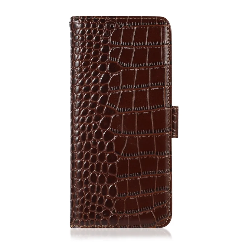 For Xiaomi Redmi Note 14S 4G Case Crocodile Texture Genuine Cow Leather Phone Wallet Cover - Brown