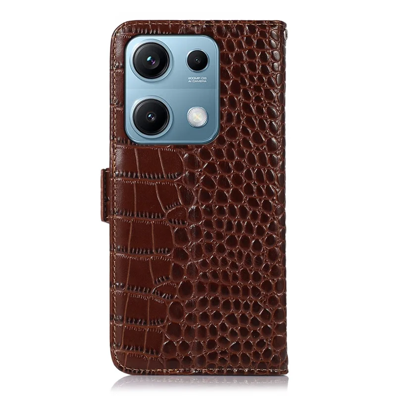For Xiaomi Redmi Note 14S 4G Case Crocodile Texture Genuine Cow Leather Phone Wallet Cover - Brown