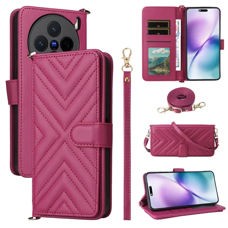 For vivo X200s 5G Stand Wallet Case with Shoulder  /  Wrist Strap Leather Phone Cover - Rose