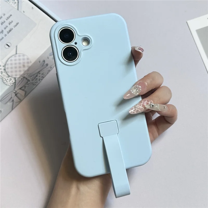 For iPhone 16 Case with Finger Strap Soft Silicone Phone Back Cover - Sky Blue