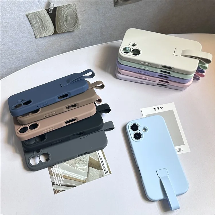 For iPhone 16 Plus Case with Finger Strap Soft Silicone Phone Back Cover - Sky Blue