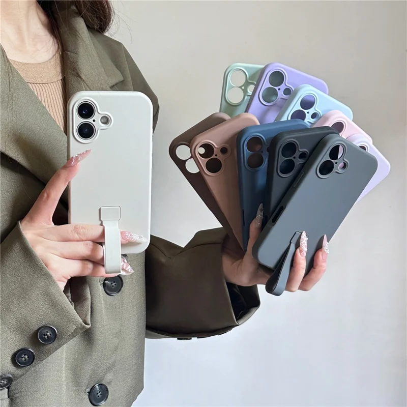 For iPhone 16 Plus Case with Finger Strap Soft Silicone Phone Back Cover - Titanium Grey