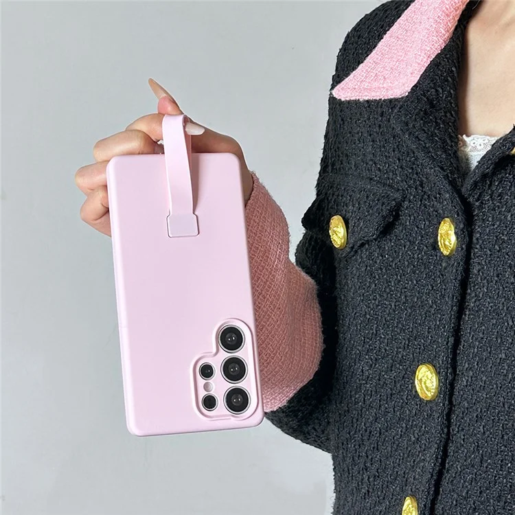 For Samsung Galaxy S24 Ultra Case with Finger Strap Soft Silicone Phone Back Cover - Pink
