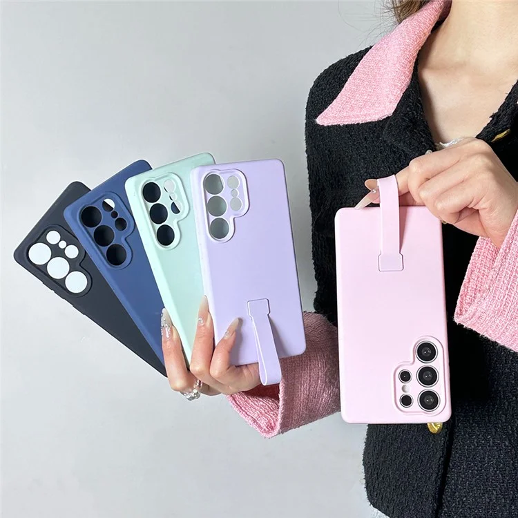 For Samsung Galaxy S24 Ultra Case with Finger Strap Soft Silicone Phone Back Cover - Pink