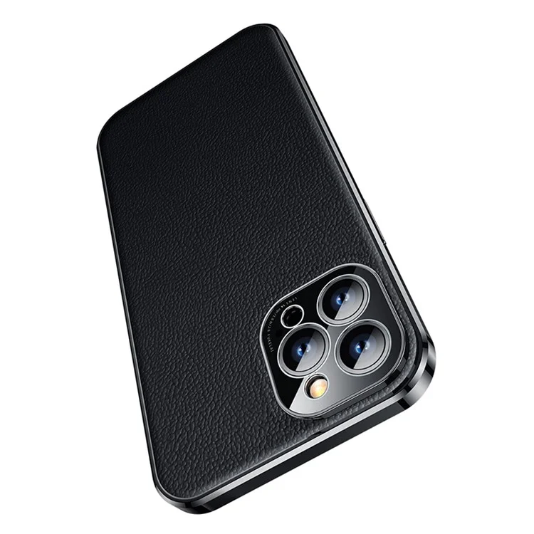 Elektroplieren Schlankes Gehäuse Für Iphone 14 Pro Stoßdämpfer Hülle Echtes Leder Beschichtetes Tpu-anti-drop-telefonfall - Schwarz