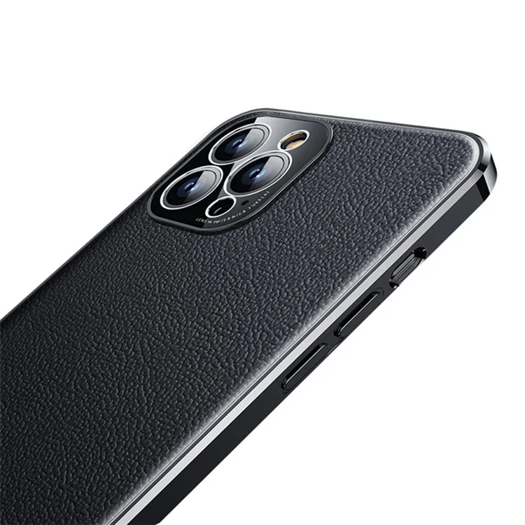 Elektroplieren Schlankes Gehäuse Für Iphone 14 Pro Stoßdämpfer Hülle Echtes Leder Beschichtetes Tpu-anti-drop-telefonfall - Schwarz