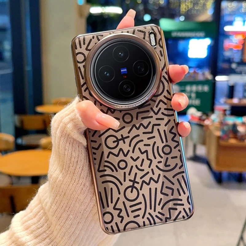For vivo X200 5G Case Creative Doodle Leather Electroplated Phone Back Cover - Brown