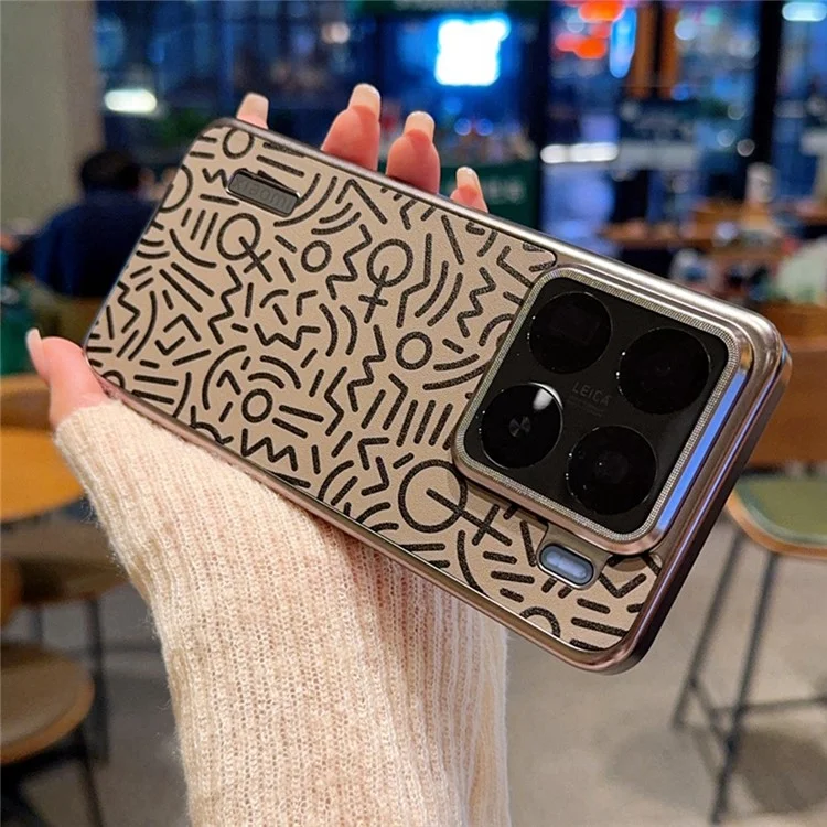 Cover per Xiaomi 15 Pro con Design Creativo Scarabocchi, Custodia in Pelle con Finitura Elettroplaccata - Marrone