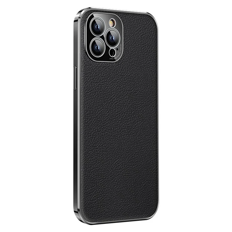 Anti-Drop Slim Case for iPhone 14 Pro Max Protective Case Genuine Leather Coated Electroplating TPU Phone Case - Black