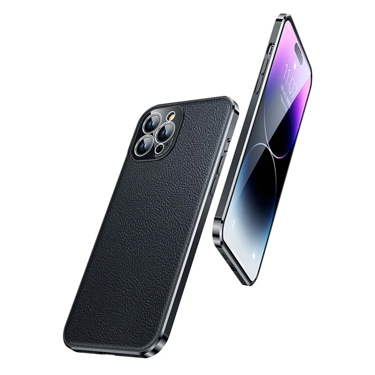 Anti-Drop Slim Case for iPhone 14 Pro Max Protective Case Genuine Leather Coated Electroplating TPU Phone Case - Black