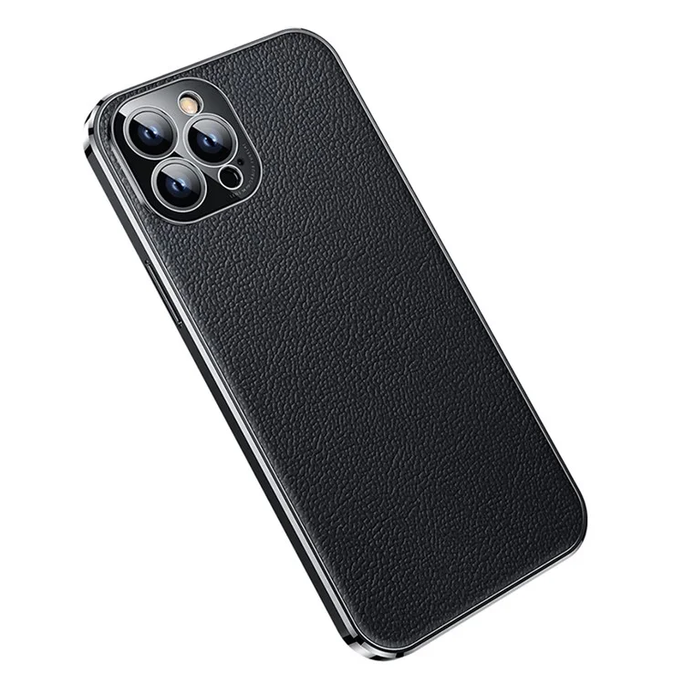 Anti-Drop Slim Case for iPhone 14 Pro Max Protective Case Genuine Leather Coated Electroplating TPU Phone Case - Black