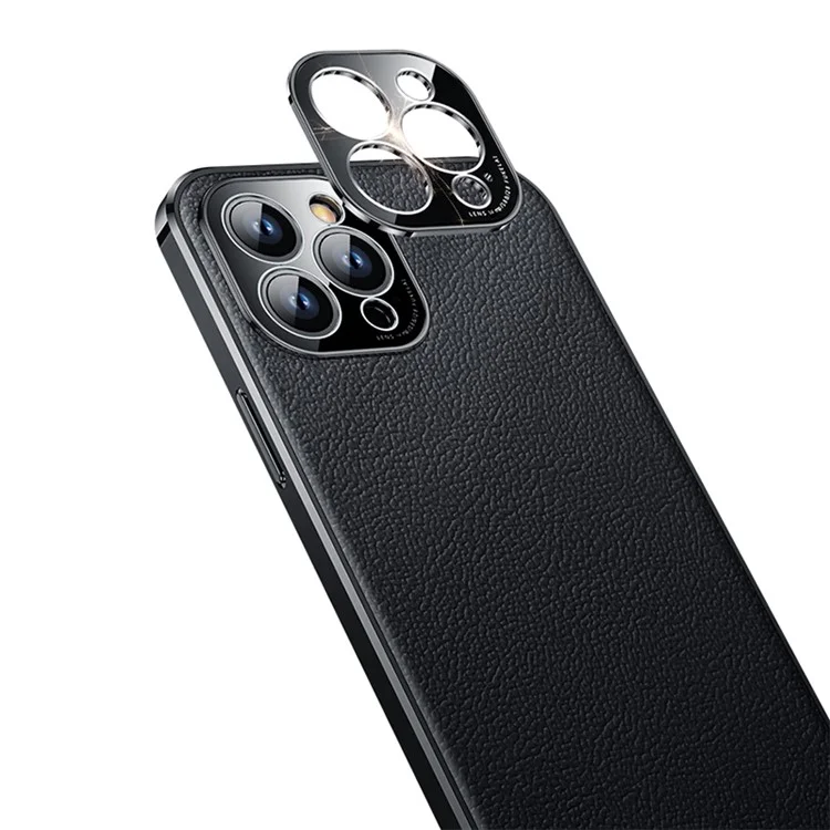 Anti-Drop Slim Case for iPhone 14 Pro Max Protective Case Genuine Leather Coated Electroplating TPU Phone Case - Black